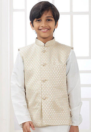 Embroidered Art Silk Nehru Jacket in Light Beige