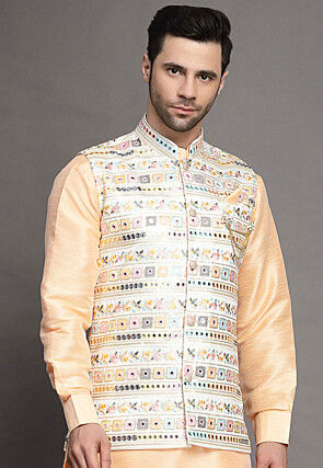 Embroidered Art Silk Nehru Jacket in Light Beige