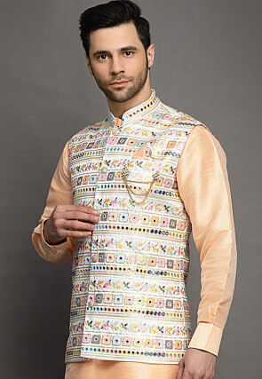 Embroidered Art Silk Nehru Jacket in Light Beige