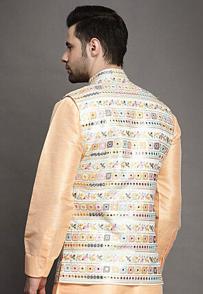 Embroidered Art Silk Nehru Jacket in Light Beige