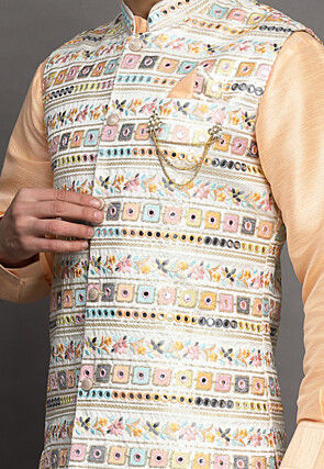 Embroidered Art Silk Nehru Jacket in Light Beige