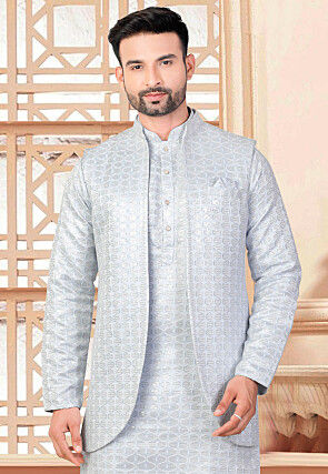 Embroidered Art Silk Nehru Jacket in Light Blue