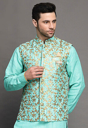 Embroidered Art Silk Nehru Jacket in Light Blue