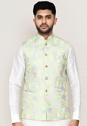 Embroidered Art Silk Nehru Jacket in Light Green