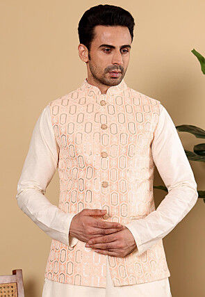 Embroidered Art Silk Nehru Jacket in Light Peach