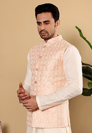 Embroidered Art Silk Nehru Jacket in Light Peach