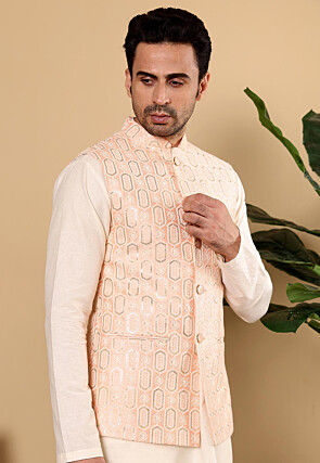 Embroidered Art Silk Nehru Jacket in Light Peach