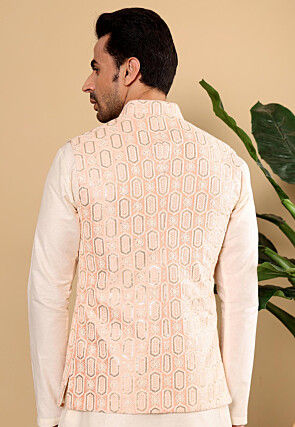 Embroidered Art Silk Nehru Jacket in Light Peach