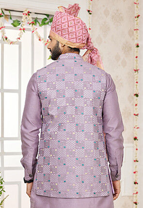 Embroidered Art Silk Nehru Jacket in Light Purple