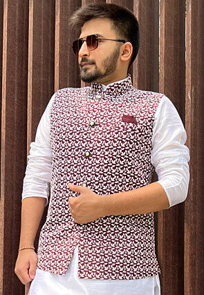 Embroidered Art Silk Nehru Jacket in Maroon
