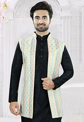 Embroidered Art Silk Nehru Jacket in Multicolor