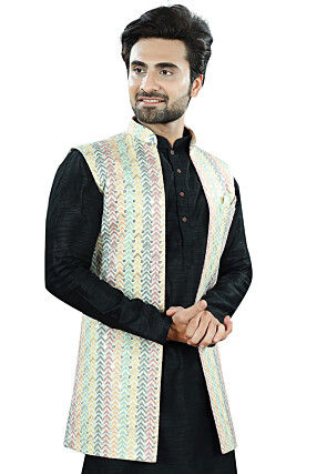 Embroidered Art Silk Nehru Jacket in Multicolor