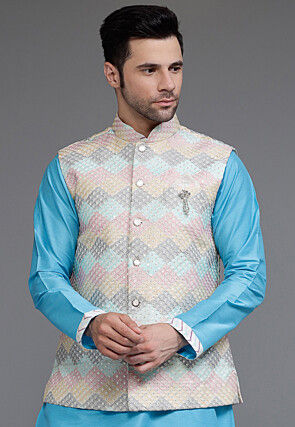 Embroidered Art Silk Nehru Jacket in Multicolor