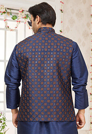 Embroidered Art Silk Nehru Jacket in Navy Blue