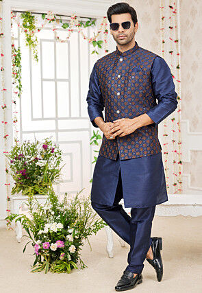Embroidered Art Silk Nehru Jacket in Navy Blue