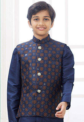 Embroidered Art Silk Nehru Jacket in Navy Blue