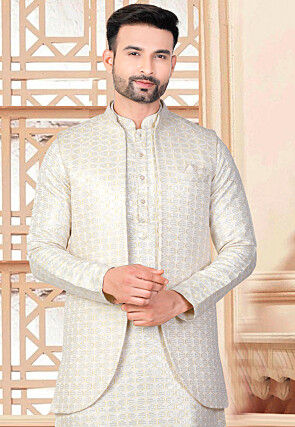 Embroidered Art Silk Nehru Jacket in Off White