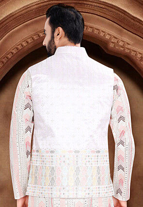Embroidered Art Silk Nehru Jacket in Off White