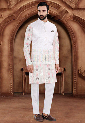 Embroidered Art Silk Nehru Jacket in Off White