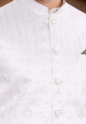 Embroidered Art Silk Nehru Jacket in Off White