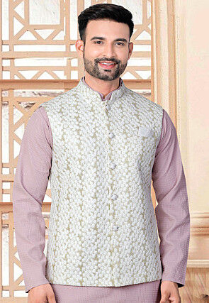 Embroidered Art Silk Nehru Jacket in Off White