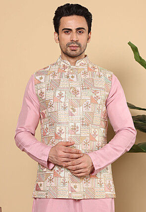 Embroidered Art Silk Nehru Jacket in Off White