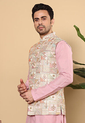 Embroidered Art Silk Nehru Jacket in Off White