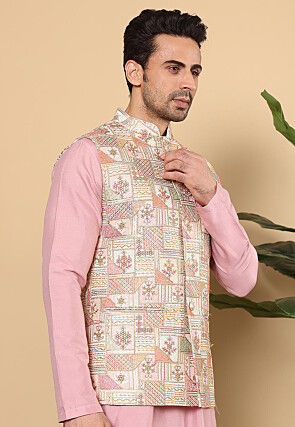 Embroidered Art Silk Nehru Jacket in Off White