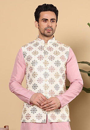 Embroidered Art Silk Nehru Jacket in Off White