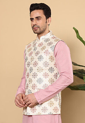 Embroidered Art Silk Nehru Jacket in Off White