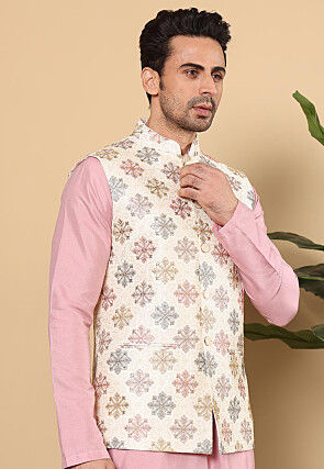 Embroidered Art Silk Nehru Jacket in Off White