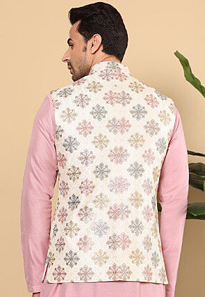 Embroidered Art Silk Nehru Jacket in Off White
