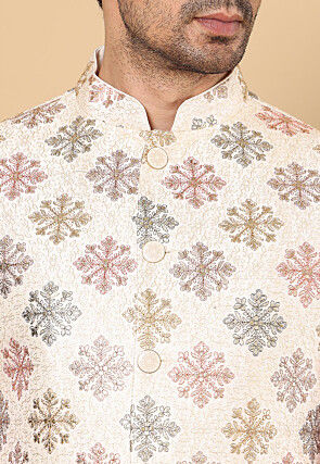 Embroidered Art Silk Nehru Jacket in Off White