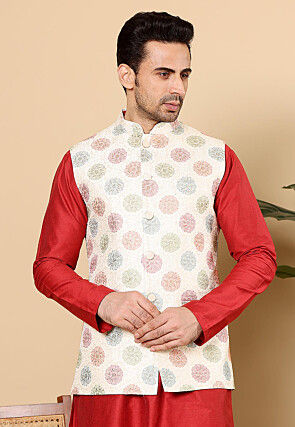 Embroidered Art Silk Nehru Jacket in Off White