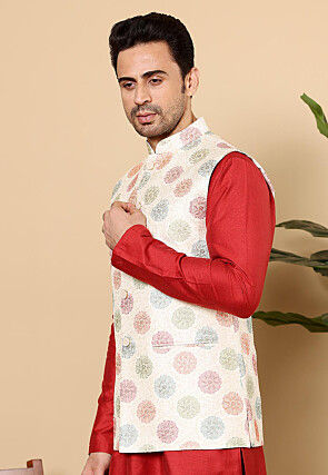 Embroidered Art Silk Nehru Jacket in Off White