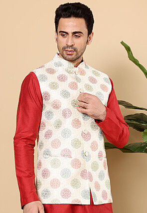 Embroidered Art Silk Nehru Jacket in Off White