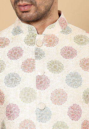 Embroidered Art Silk Nehru Jacket in Off White