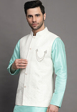 Embroidered Art Silk Nehru Jacket in Off White