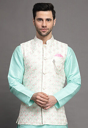 Embroidered Art Silk Nehru Jacket in Off White