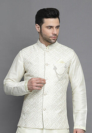 Embroidered Art Silk Nehru Jacket in Off White