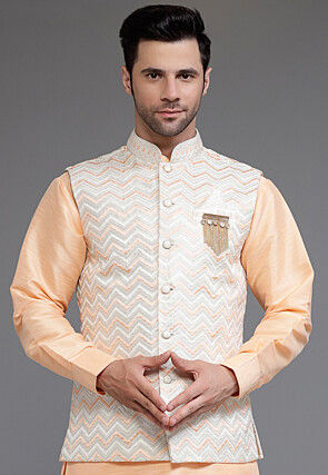 Men’s Green & Beige Woven Design Jacquard Silk Nehru Jacket – Traditional Elegance