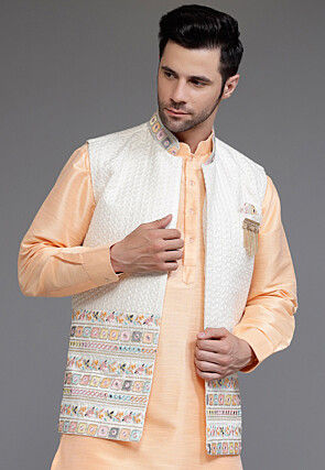 Embroidered Art Silk Nehru Jacket in Off White