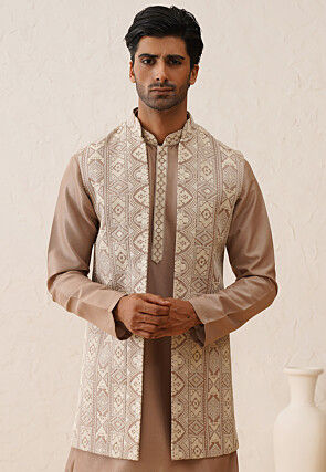 Embroidered Art Silk Nehru Jacket in Old Rose