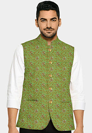 Embroidered Art Silk Nehru Jacket in Olive Green