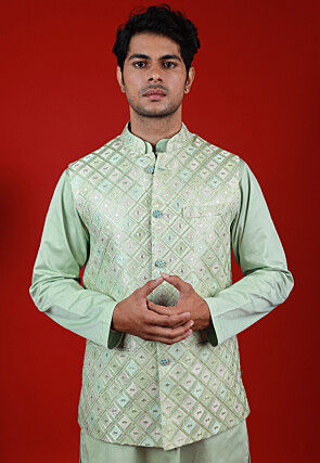 Embroidered Art Silk Nehru Jacket in Pastel Green