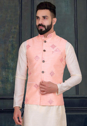 Embroidered Art Silk Nehru Jacket in Peach