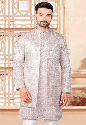 Embroidered Art Silk Nehru Jacket in Peach