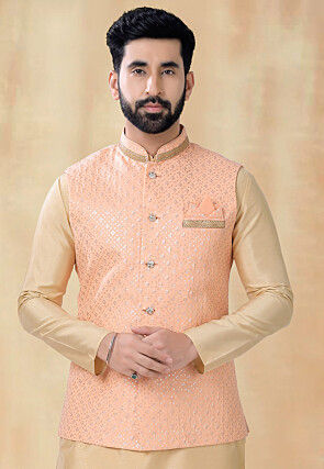 Embroidered Art Silk Nehru Jacket in Peach
