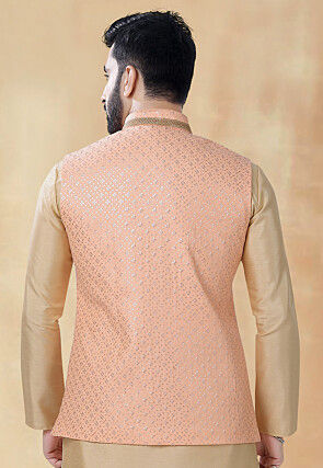 Embroidered Art Silk Nehru Jacket in Peach