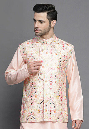 Embroidered Art Silk Nehru Jacket in Peach